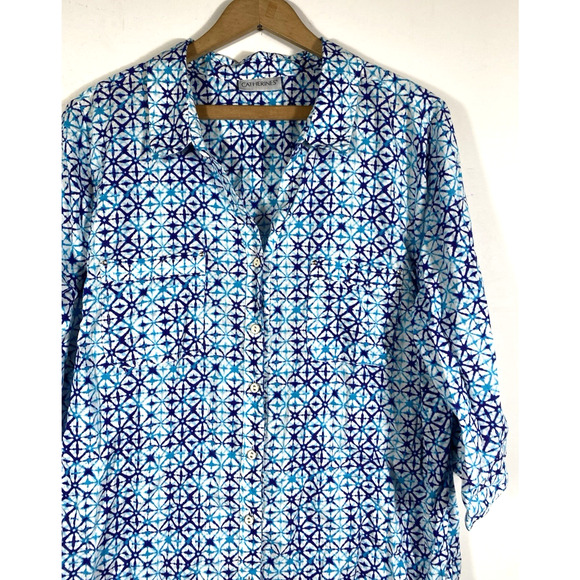 Catherines Top Size 1X Button Up Blue & White Print Coastal Beachy Blouse Mature - Picture 5 of 14